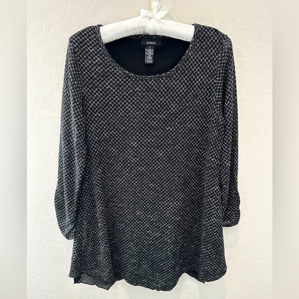 ALFANI | Black White Diamond Print Waffle Knit Tunic Blouse | Size Small